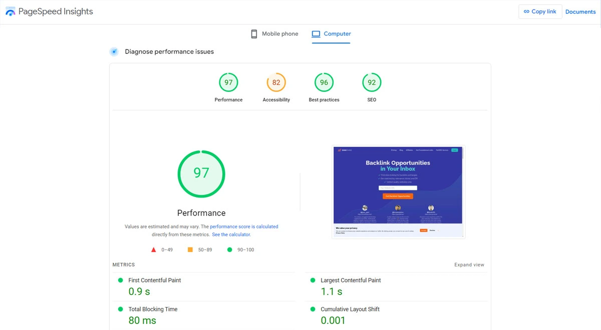 page speed insights score